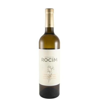 Garrafa de vinho branco Herdade do Rocim com rótulo branco e tampa dourada