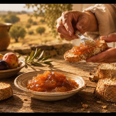 Compota laranja em prato com pão integral e mãos espalhando em ambiente exterior