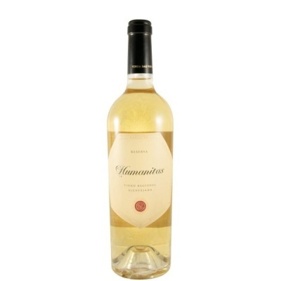 Garrafa de vinho branco Humanitas com rótulo creme e tampa preta