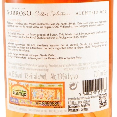 Etiqueta traseira de vinho rosé Herdade do Sobroso, Alentejo DOC, com informações sobre uvas Syrah, teor alcoólico 13%, volume 750 ml