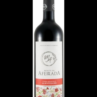 Garrafa de vinho Monte da Aferrada com rótulo branco e vermelho com flores