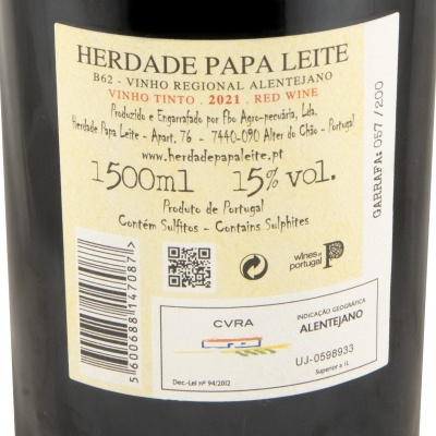 Etiqueta de vinho tinto Herdade Papa Leite 2021 com informações de volume e teor alcoólico