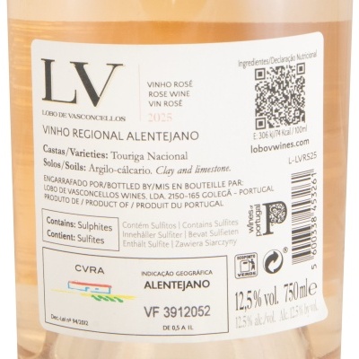 Rótulo de vinho rosé LV Lobo de Vasconcellos com informações de vinificação e composição