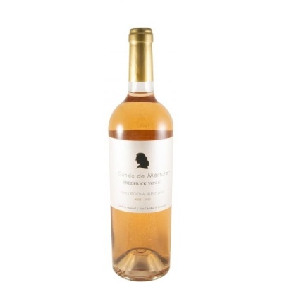 Garrafa de vinho rosé com rótulo branco e tampa dourada
