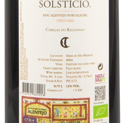 Rótulo de vinho tinto SOLSTÍCIO 2022, DOC Alentejo Portalegre, vinho biológico, 13% vol, 0,75L