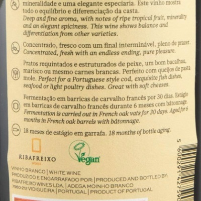 Etiqueta traseira de vinho branco Herdade do Moinho Branco DOC Alentejo com informações detalhadas