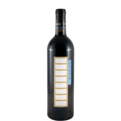 Garrafa de vinho tinto Scala Coeli com rótulo de caixas brancas e azul