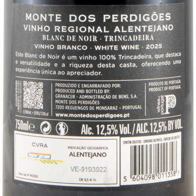 Etiqueta vinho branco Monte dos Perdigões, Vinho Regional Alentejano, 750ml, álcool 12,5%, contém sulfitos.