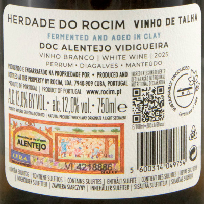 Etiqueta de vinho branco Herdade do Rocim com informações de produção, teor alcoólico e volume