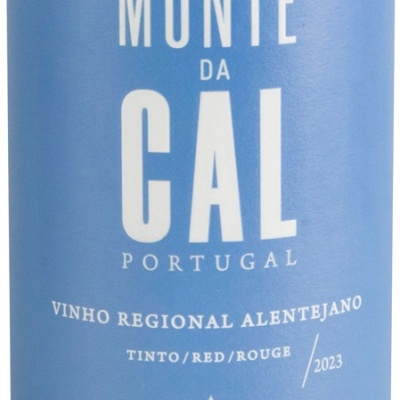 Rótulo de vinho Monte da Cal Portugal azul e prata, vinho regional Alentejano tinto 2023.