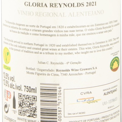 Etiqueta traseira de garrafa de vinho branco Gloria Reynolds 2021 da região Alentejana com selo vegan e informações de produção.