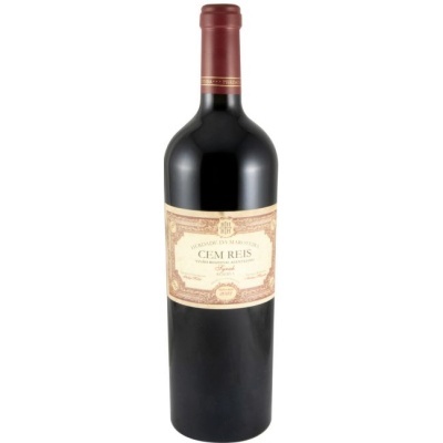 Garrafa de vinho tinto com rótulo creme e tampa vinho