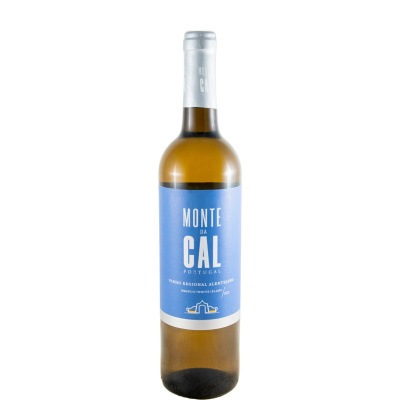 Garrafa de vinho branco Monte da Cal com rótulo azul e tampa prateada