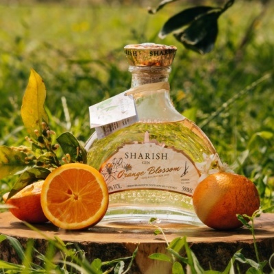 Garrafa de gin Sharish Orange Blossom com laranjas sobre tronco de madeira ao ar livre