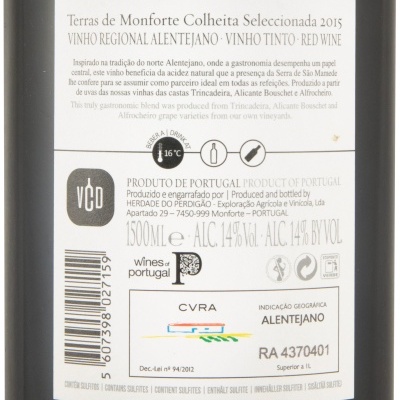 Etiqueta traseira vinho Terras de Monforte 2015, Vinho Regional Alentejano, 1500 ml, 14% álcool