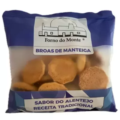 Pacote azul e branco de broas de manteiga Forno do Monte com biscoitos visíveis