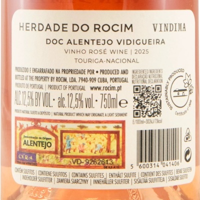 Etiqueta de vinho rosé Herdade do Rocim com informações de produção e composição.