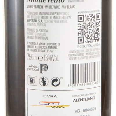 Etiqueta de vinho branco Monte Velho com informações sobre volume, álcool, fabricante e códigos QR e barras.