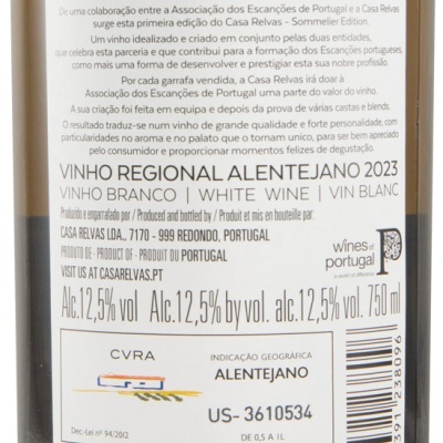 Rótulo de garrafa de vinho branco Casa Relvas Sommelier Edition Alentejano 2023