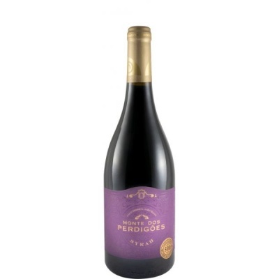 Garrafa de vinho Monte dos Perdigões Syrah com rótulo lilás