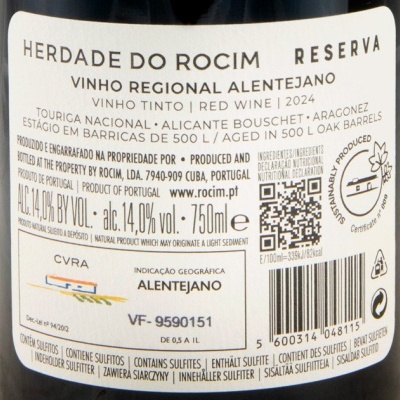 Etiqueta traseira com informações do vinho tinto Herdade do Rocim Reserva 2024