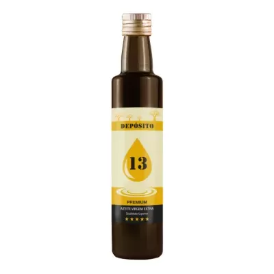 Garrafa de azeite virgem extra com rótulo amarelo e creme