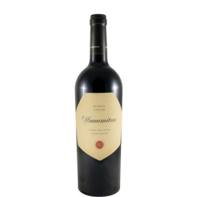 Garrafa de vinho tinto Humanitas Syrah Reserva com rótulo creme