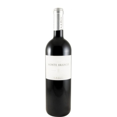 Garrafa de vinho tinto Monte Branco com rótulo branco e cápsula prateada
