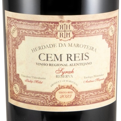 Rótulo de vinho tinto Reserva Syrah Herdade da Maroteira de cor castanho e bege