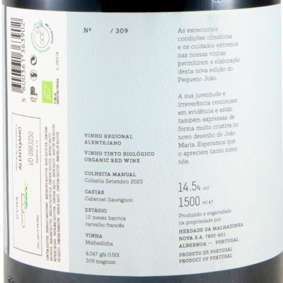 Etiqueta de vinho tinto biológico com informações de colheita, castas e produção
