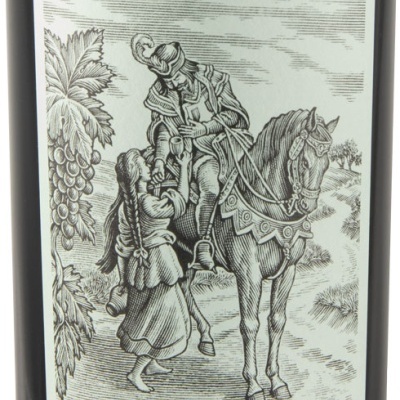 Etiqueta de vinho Pêra-Manca 2018 com desenho de homem a cavalo e mulher com vestuário tradicional