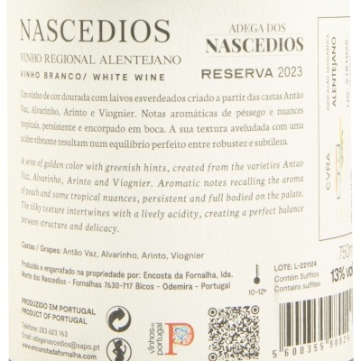 Etiqueta de vinho branco Nascédios Reserva 2023, Alentejo, Portugal