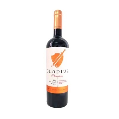 Garrafa de vinho tinto Gladius Premium 2018 com rótulo branco e laranja