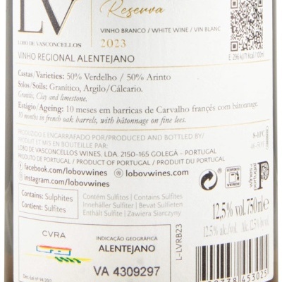 Etiqueta de vinho branco Reserva 2023 LV Lobo de Vasconcellos Alentejano em fundo branco