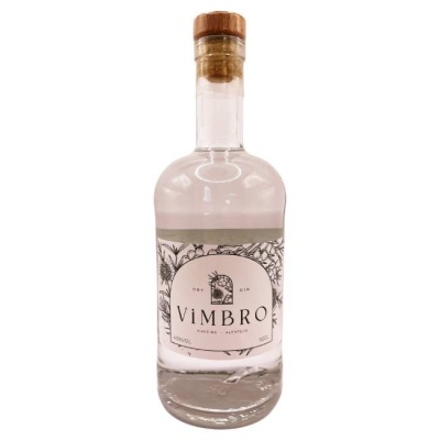 Garrafas de gin ViMBRO com rótulo branco e tampa de cortiça