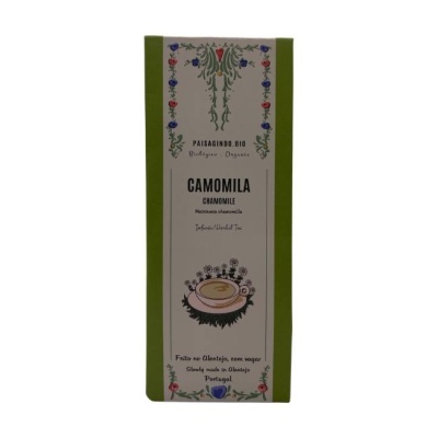 Embalagem de chá de camomila com design floral e texto bilingue