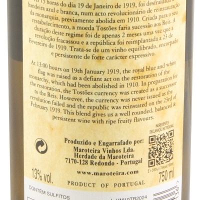 Etiqueta de vinho branco Dez Tostões 2024, vinho regional Alentejano, com texto histórico e detalhes do produtor em rótulo amarelo.