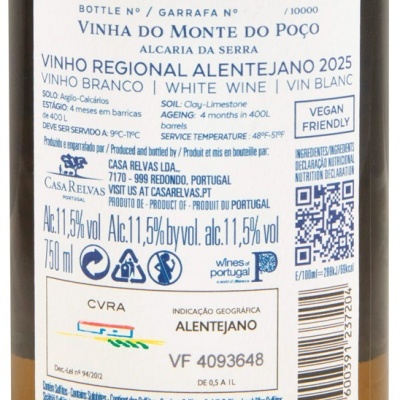 Etiqueta de vinho branco Alentejano Rabo de Ovelha 2025 com informações de produção e caracteristicas