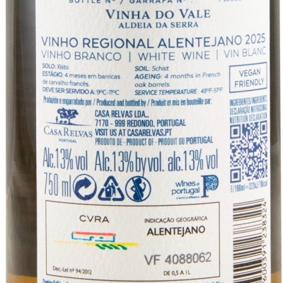 Etiqueta de vinho branco Chardonnay Vinha do Vale, Alentejano 2025 com informações de produção e embalagem