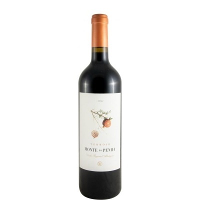 Garrafa de vinho tinto Monte da Pênia com rótulo branco e ilustração de ramos e frutas