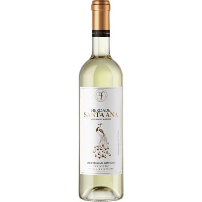Garrafa de vinho branco Herdade Santa Ana com rótulo branco e pavão dourado