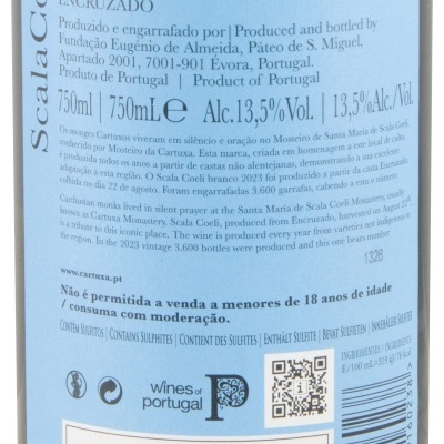 Etiqueta azul vinho Scala Coeli branco 2023 com informações de alcohol e volume