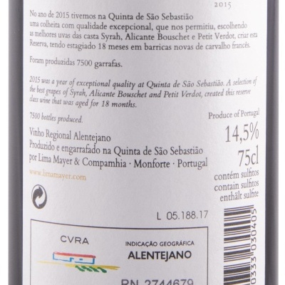 Etiqueta de vinho Lima Mayer Reserva 2015, Alentejano, 14,5% álcool, 75cl, contém sulfitos