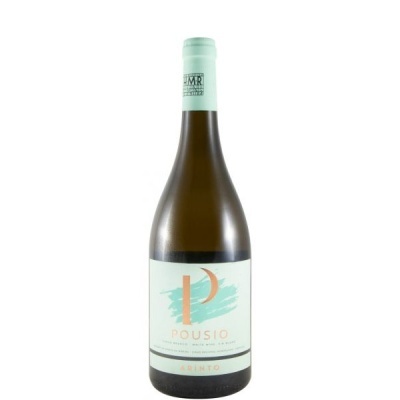 Garrafa de vinho branco Pousio Arinto com rótulo branco e detalhes em verde e laranja