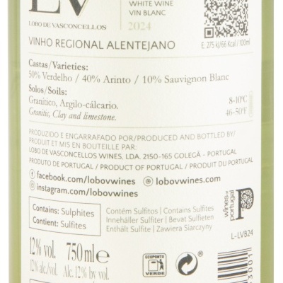 Rótulo de vinho branco Lobo de Vasconcellos com informações de variedades, graduação alcoólica e origem.