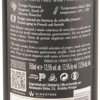 Rótulo traseiro garrafa vinho tinto Ravasqueira Seleção do Ano Alentejano 750ml 13,5% vol.