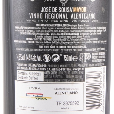 Etiqueta traseira de garrafa de vinho tinto José de Sousa Mayor, vinho regional alentejano 2018