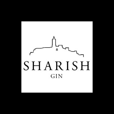 Logotipo preto e branco do SHARISH GIN com silhueta de cidade