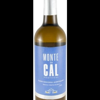 Garrafa de vinho branco com rótulo azul Monte da Cal