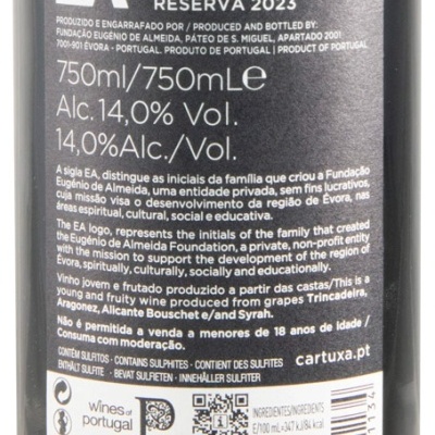 Rótulo de vinho tinto Cartuxa EA Reserva 2023 de 750ml, 14% álcool, com texto informativo e código de barras.